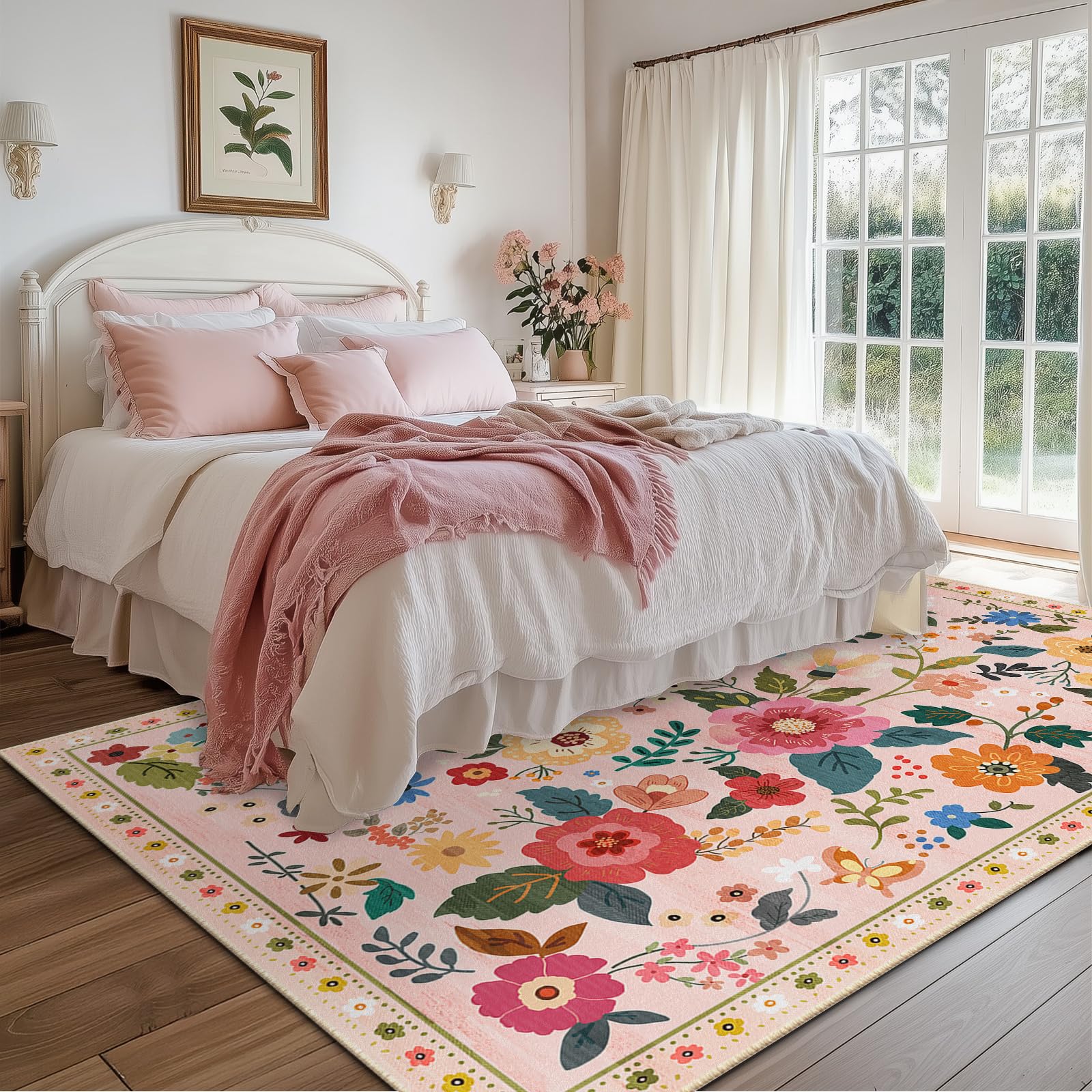 RELEANY Floral rug pink color brightens bedrooms and entryways