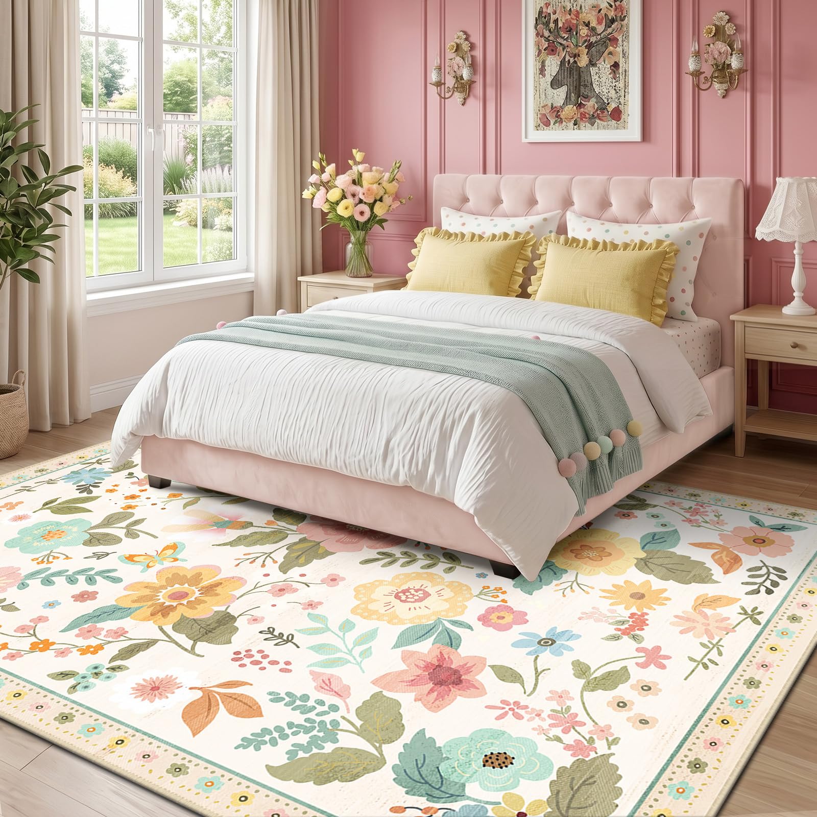 RELEANY Floral Nursery 5x7 rug adds boho charm and color to bedrooms and playrooms.