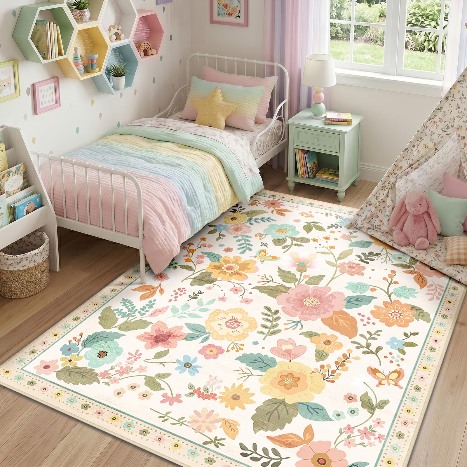 RELEANY Floral Nursery 5x7 rug offers easy maintenance and vibrant style.