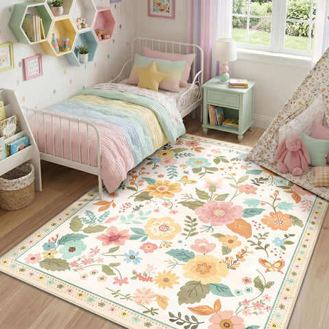 RELEANY Floral Nursery 5x7 rug offers easy maintenance and vibrant style.