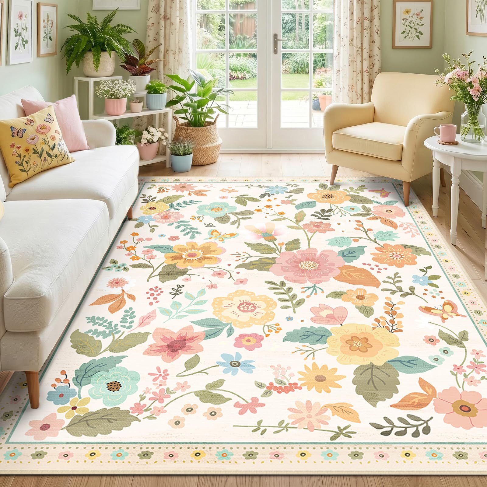 RELEANY Floral Nursery 5x7 rug with a vibrant floral design enhances living spaces.