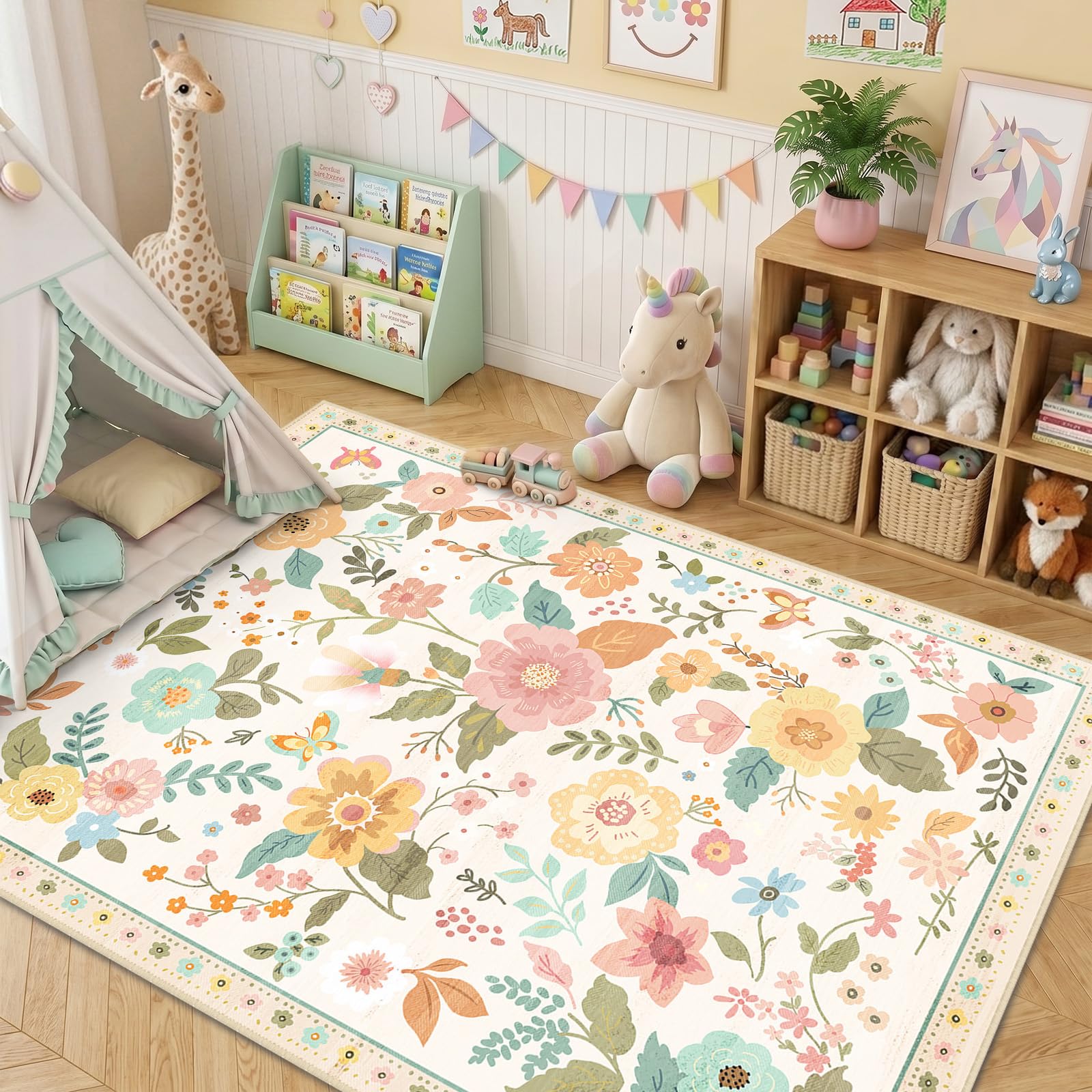 RELEANY Floral Nursery 5x7 rug showcases soft, non-slip backing for safer high-traffic areas.