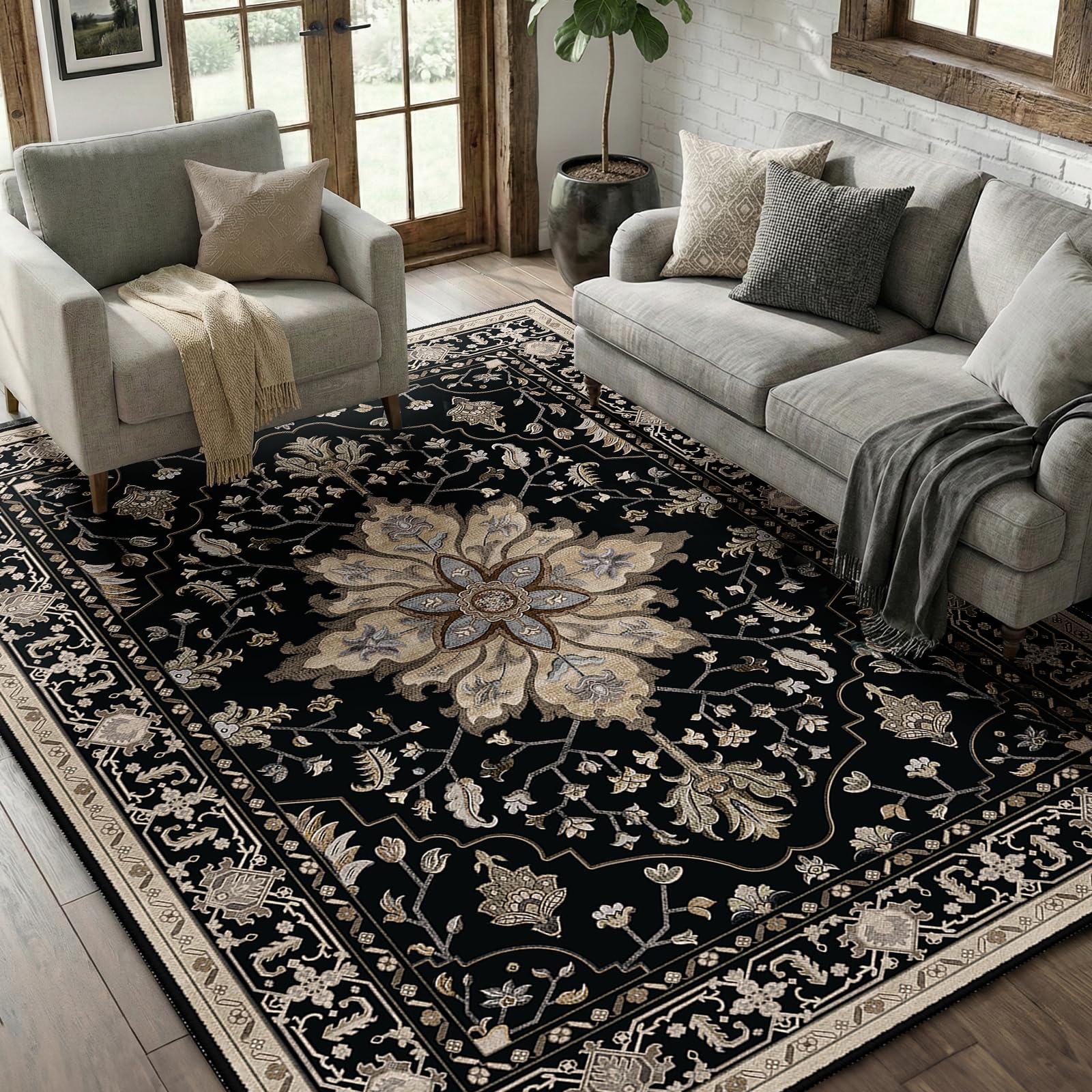 RELEANY floral vintage distress-print rug soft texture for cozy living spaces.