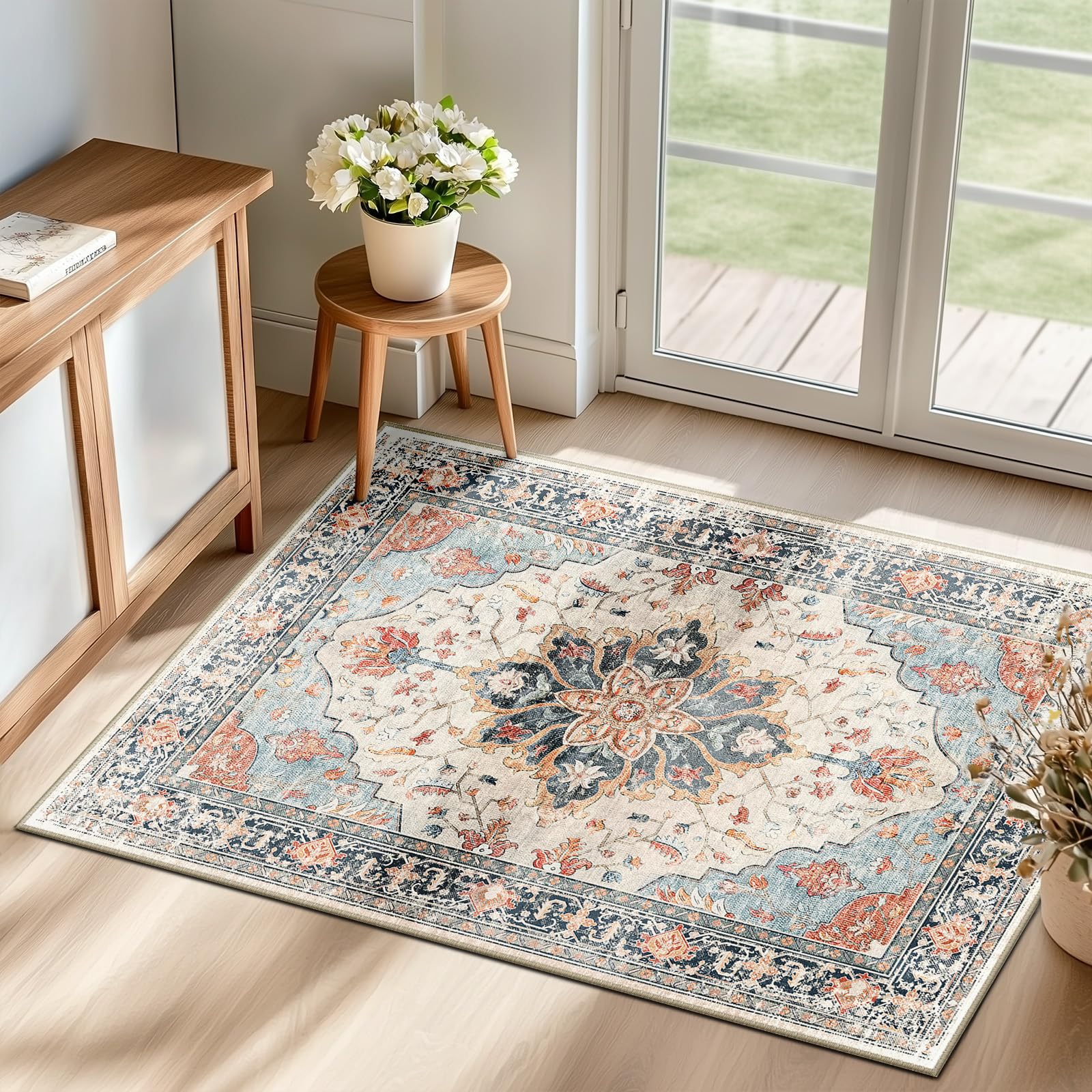 RELEANY floral vintage medallion rug 2x3 beige navy orange for cozy living rooms