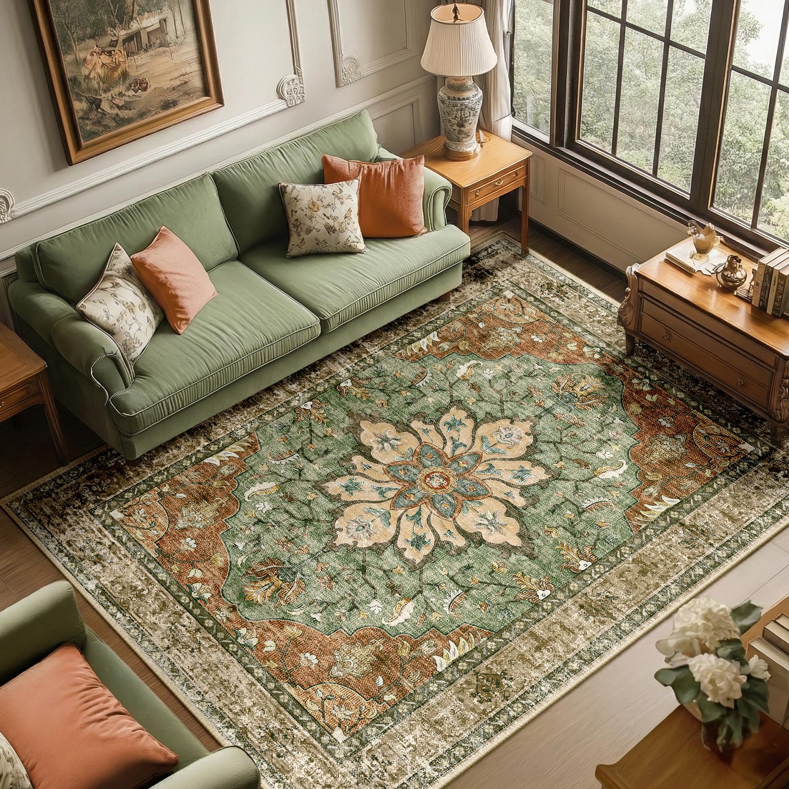 RELEANY floral vintage medallion rug 6x9 in a warm living room with washable convenience.