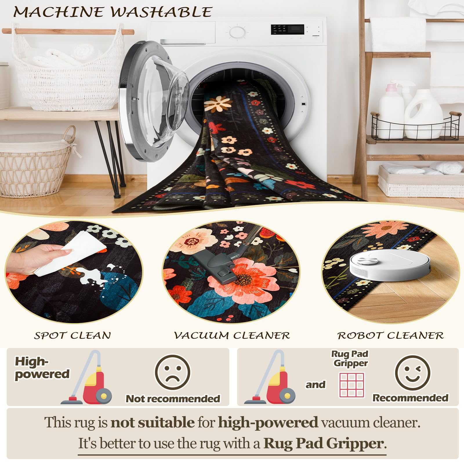 RELEANY machine-washable rug makes cleaning quick and convenient.