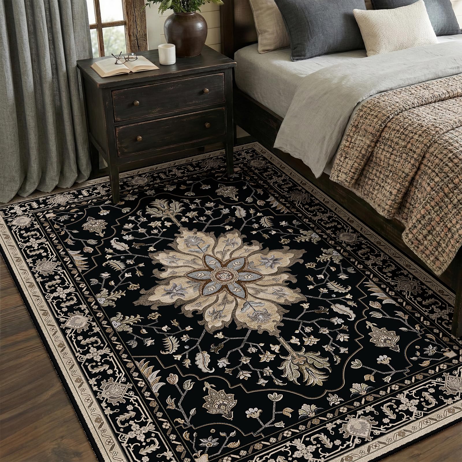 RELEANY medallion-pattern rug in dark tan and brown for versatile decor.