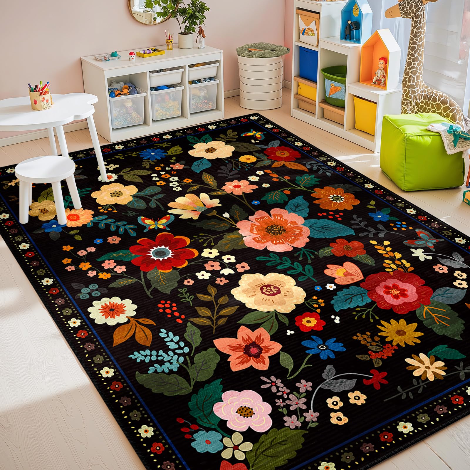 RELEANY Non-Slip Back Rug with floral pattern keeps kids safe on floors
