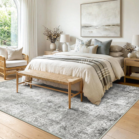 RELEANY abstract rug featuring a silk-like finish adds soft texture underfoot.