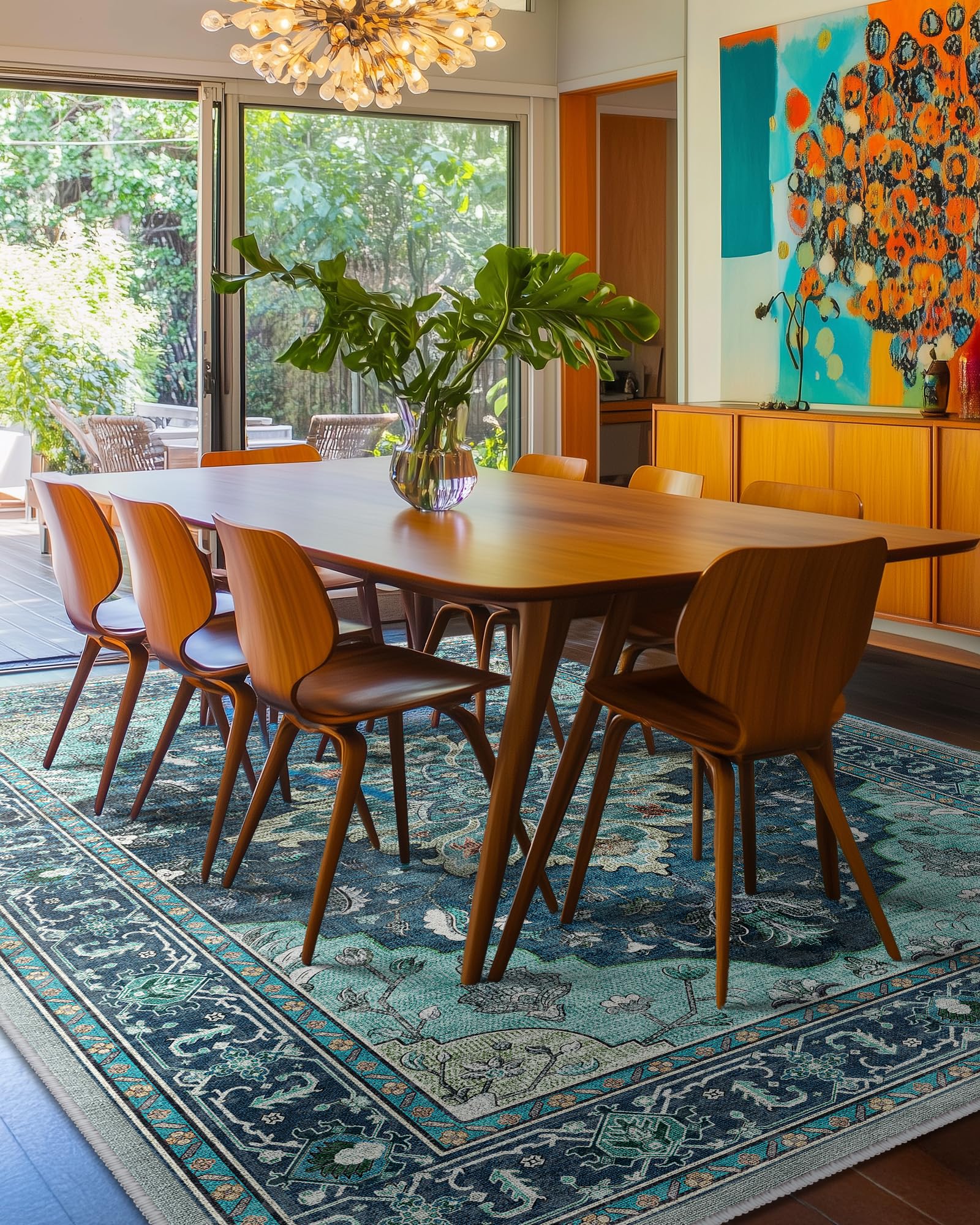 RELEANY teal blue floral medallion rug suitable for living room or bedroom
