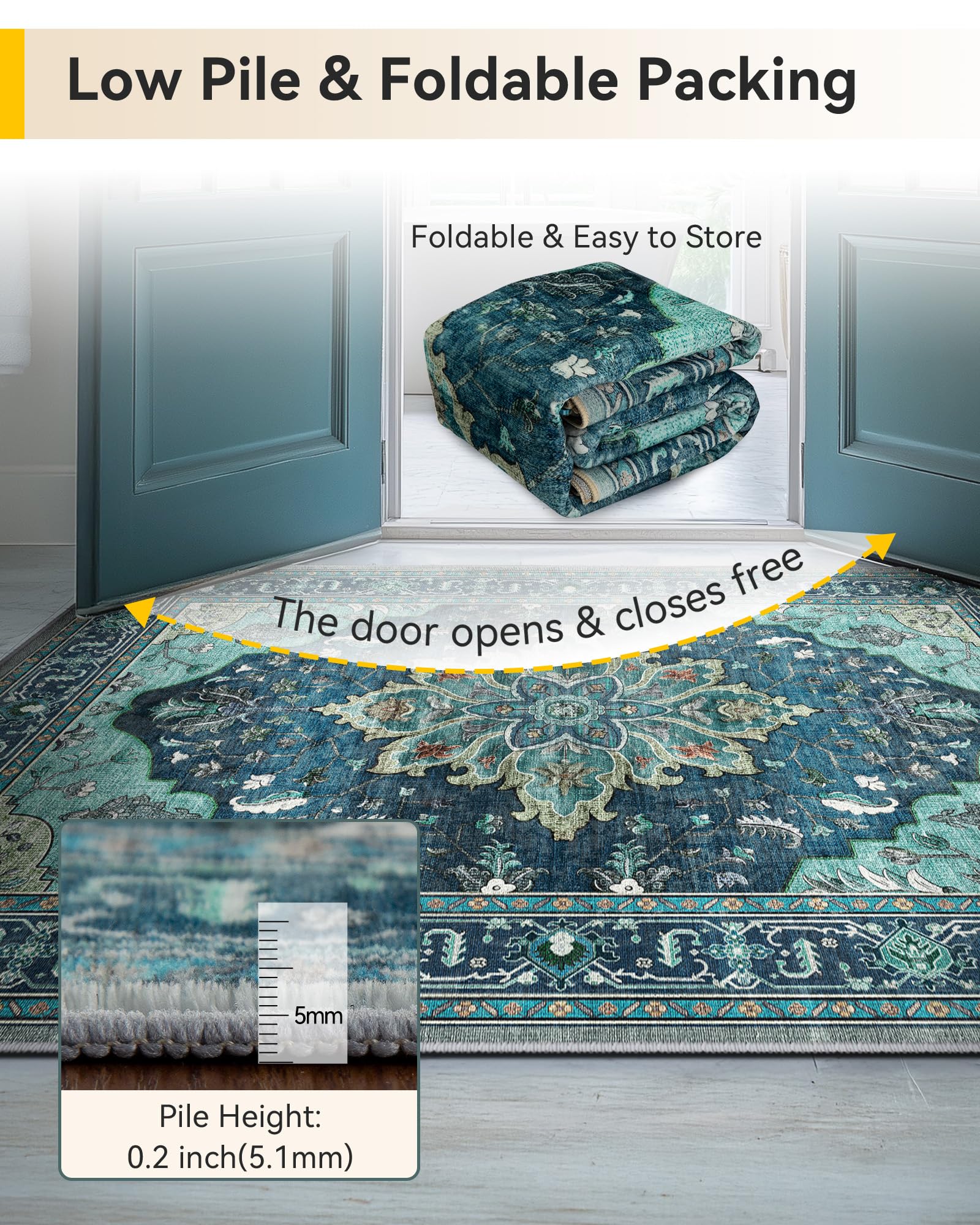RELEANY thin-design rug folds easily for under doors and storage.