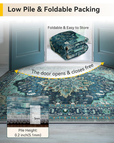RELEANY thin-design rug folds easily for under doors and storage.
