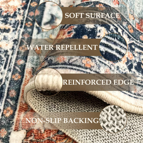 RELEANY washable area rug 2x3 beige navy orange for easy spill cleanup