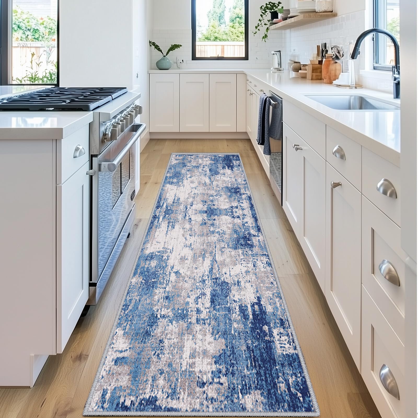 RELEANY washable area rug in blue gray tones, cozy underfoot and easy to clean.