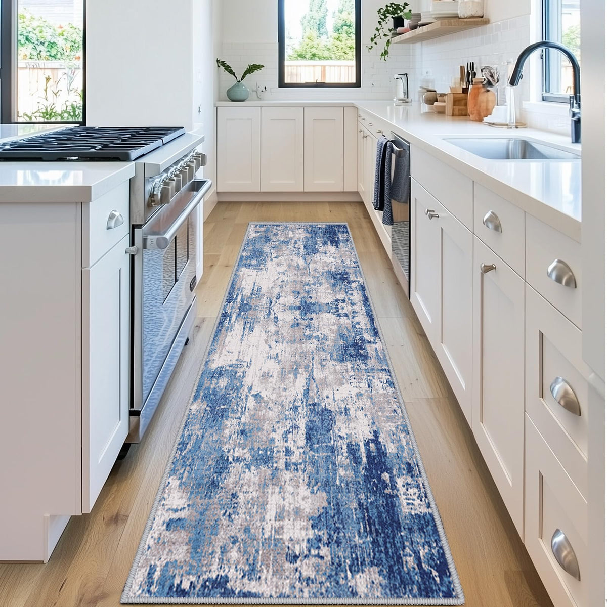 RELEANY washable area rug in blue gray tones, cozy underfoot and easy to clean.