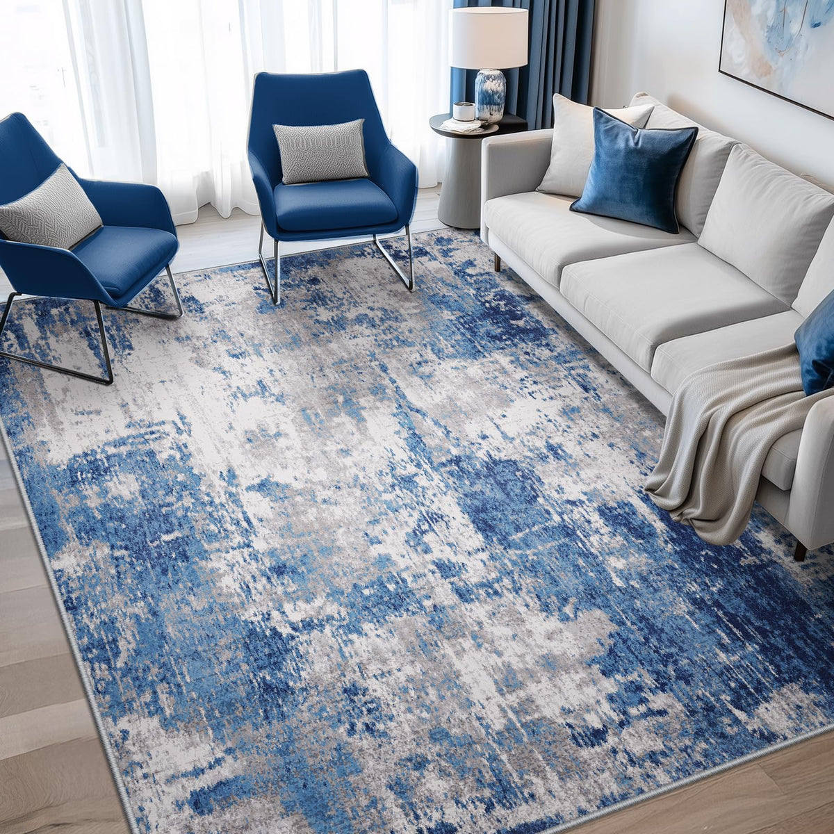 RELEANY washable area rug 4x6 with blue-grey abstract pattern for easy cleaning and style.