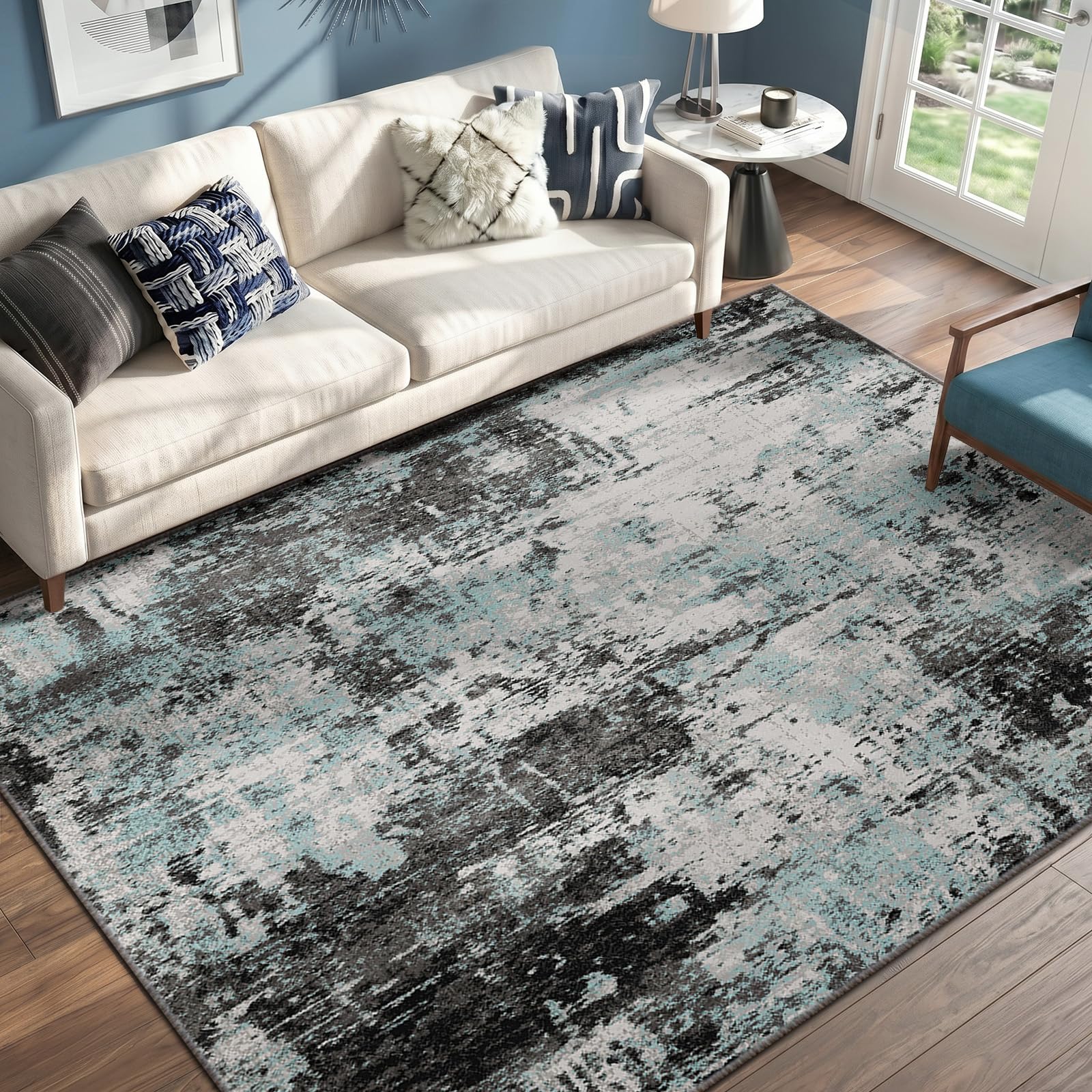 RELEANY washable area rug front view in blue black teal for living spaces