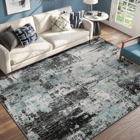 RELEANY washable area rug front view in blue black teal for living spaces