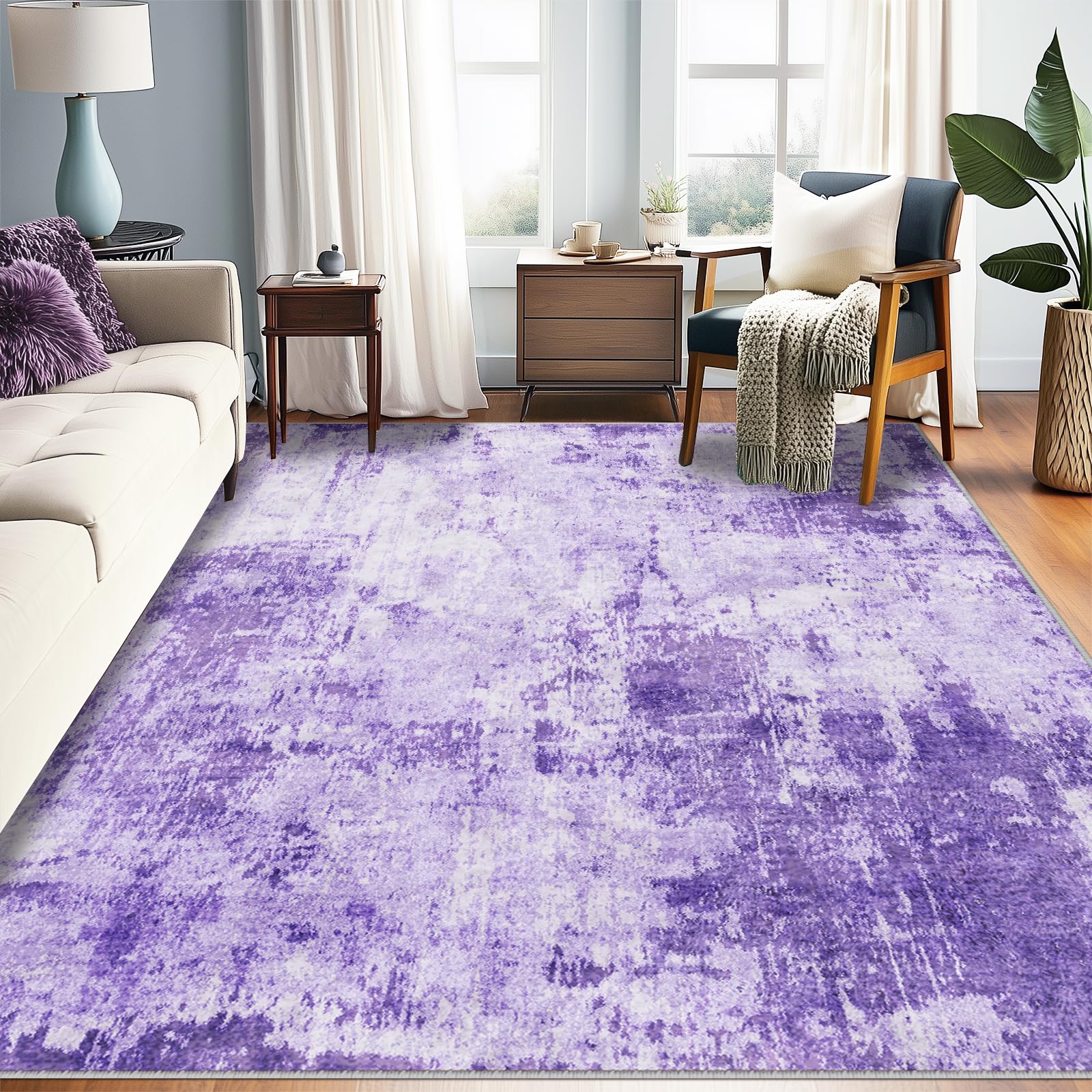 RELEANY washable area rug 5x7 front view with soft texture and color blend