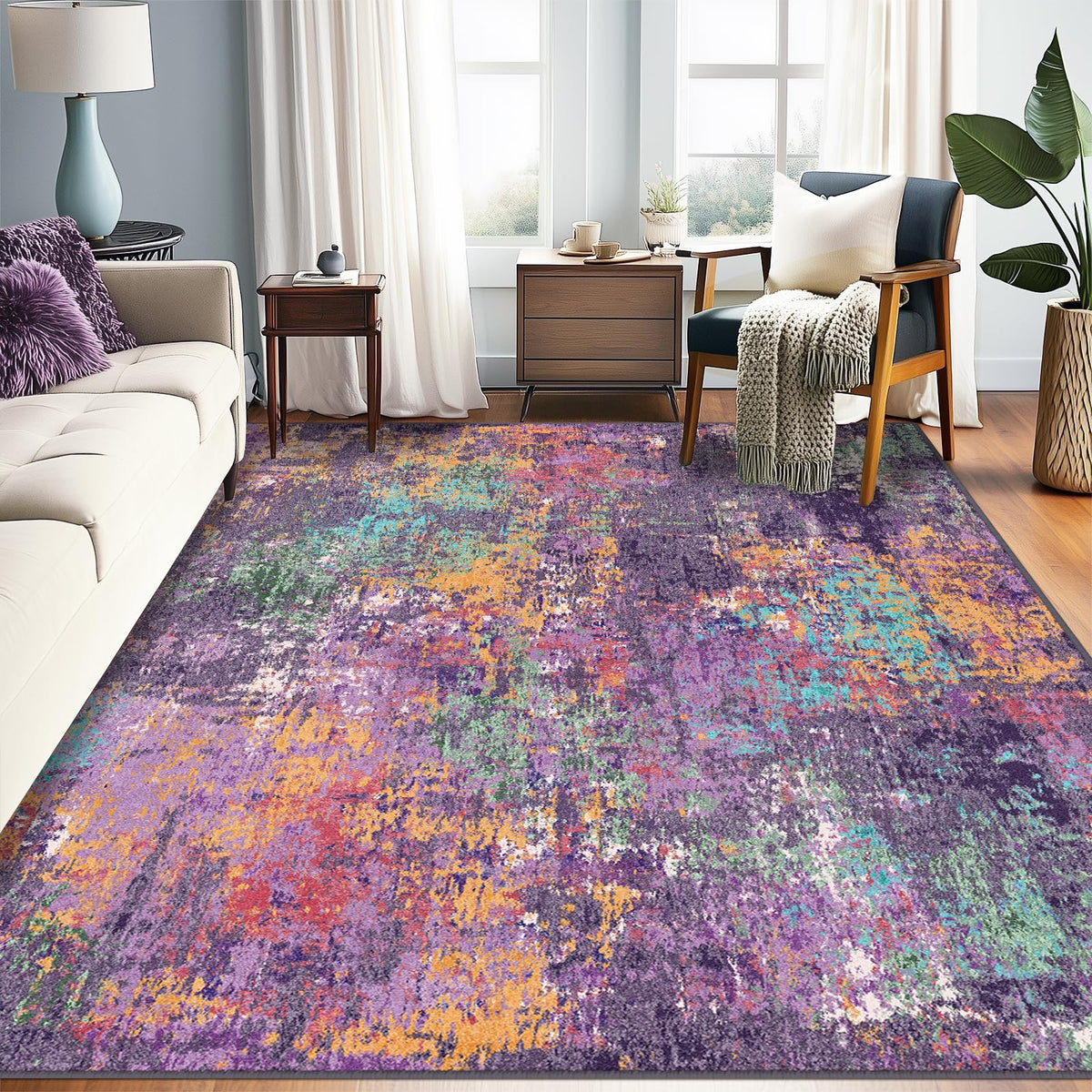 RELEANY washable area rug 5x7 full view with vibrant abstract pattern for living rooms