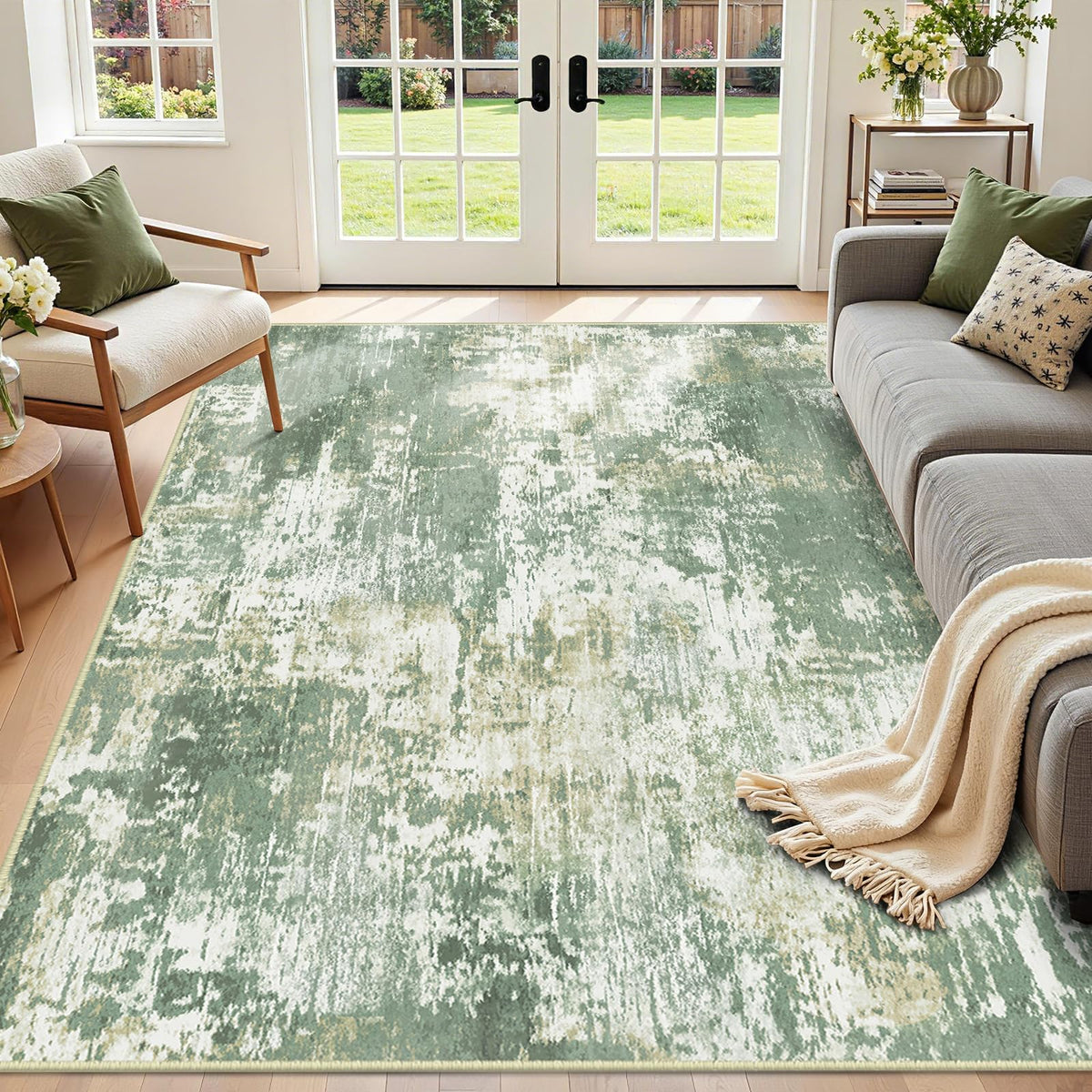RELEANY washable area rug 5x7 in light green and yellow enhances any living space