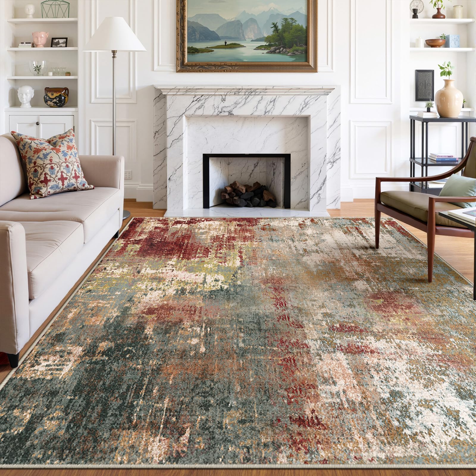 RELEANY washable area rug in living room with abstract pattern and soft underfoot feel.