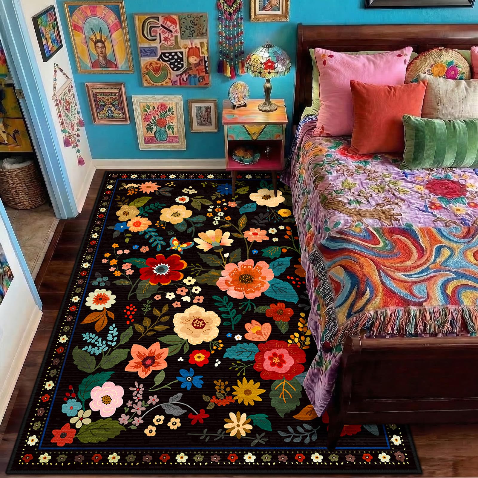 RELEANY Washable Boho Rug features easy to clean floral accents for playrooms