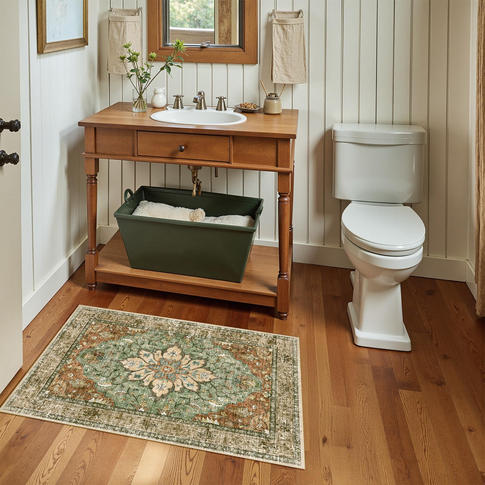 RELEANY area rug with non-slip backing stays put on busy doorways.
