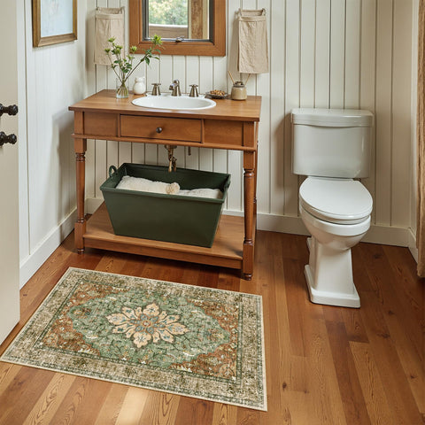 RELEANY area rug with non-slip backing stays put on busy doorways.