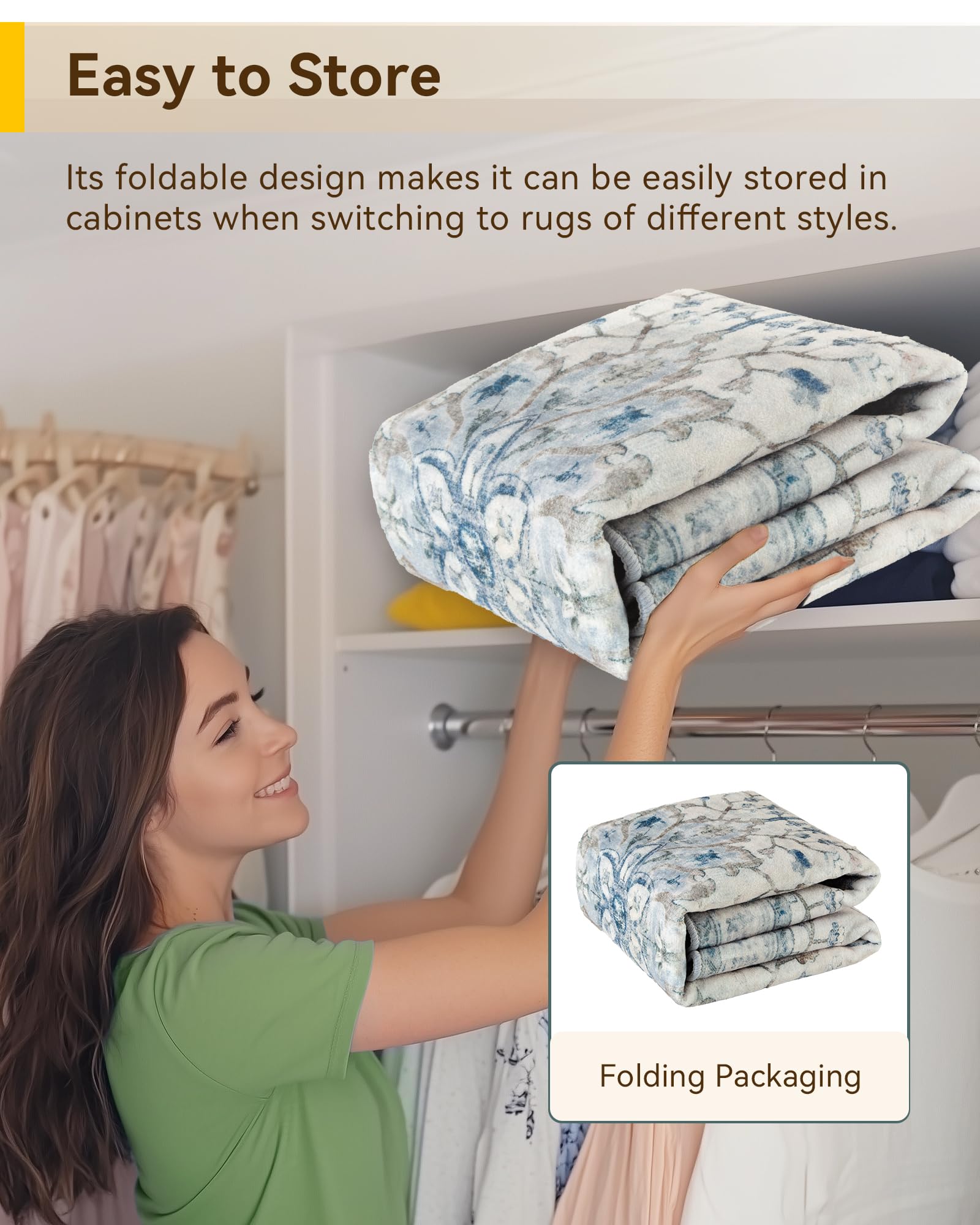 RELEANY rug with water-repellent surface makes spills easier to blot.