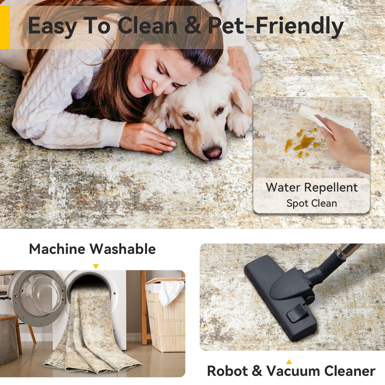 RELEANY machine-washable rug refreshes quickly in cold water.