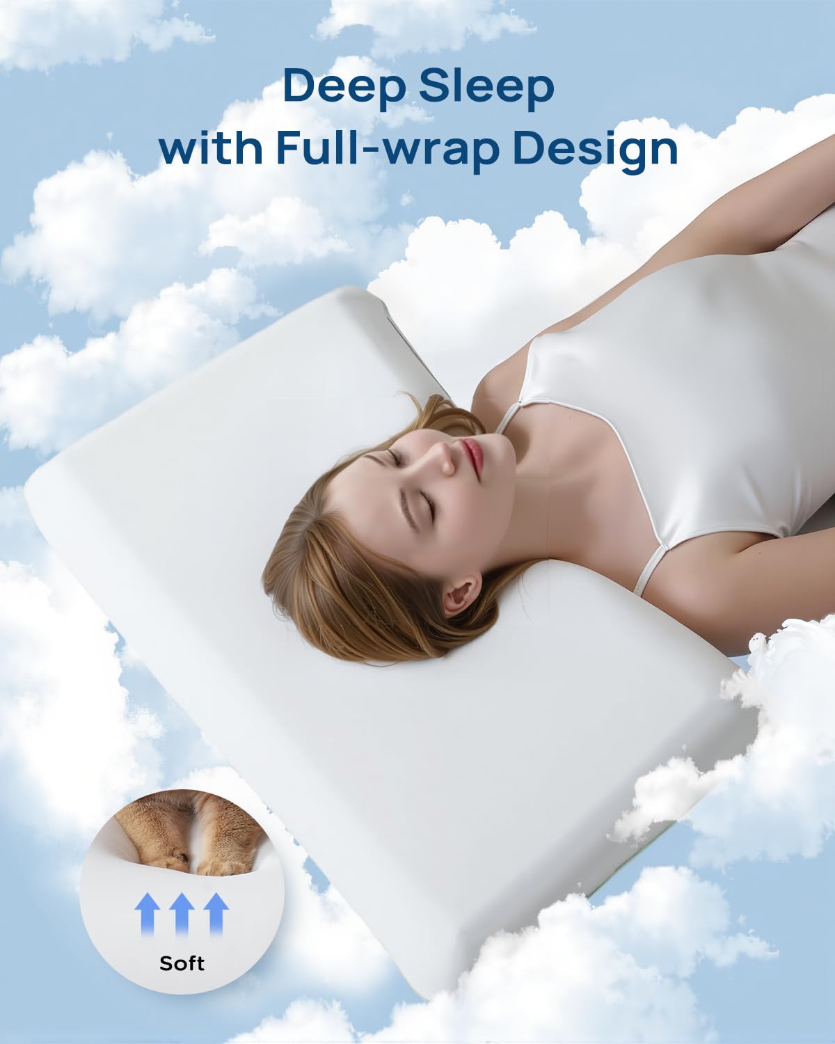 Releep pillow side view shows ergonomic neck support for various sleeping positions.