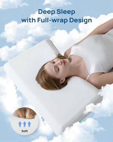 Releep pillow side view shows ergonomic neck support for various sleeping positions.