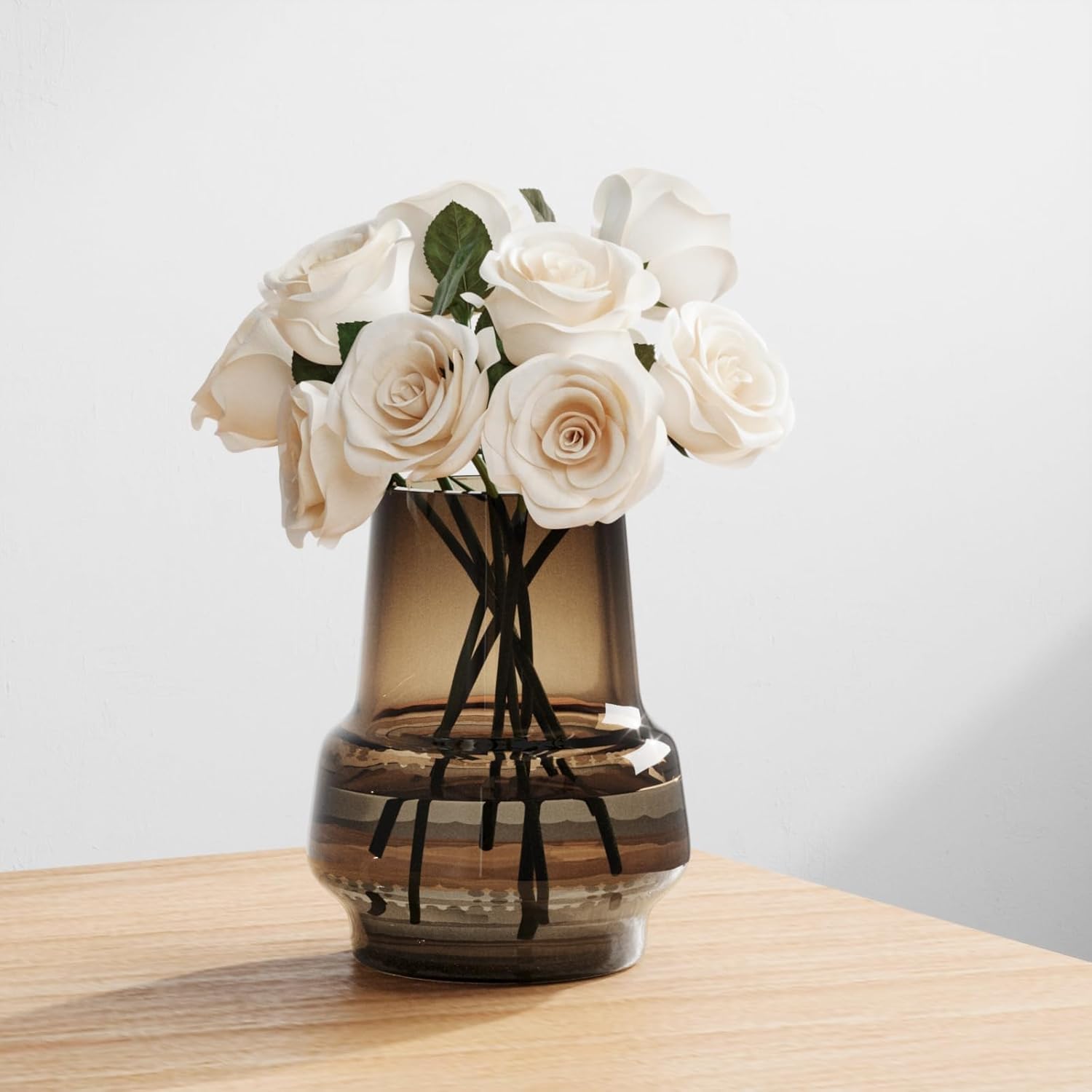 Relexome amber vase with wide mouth holds long-stemmed blooms