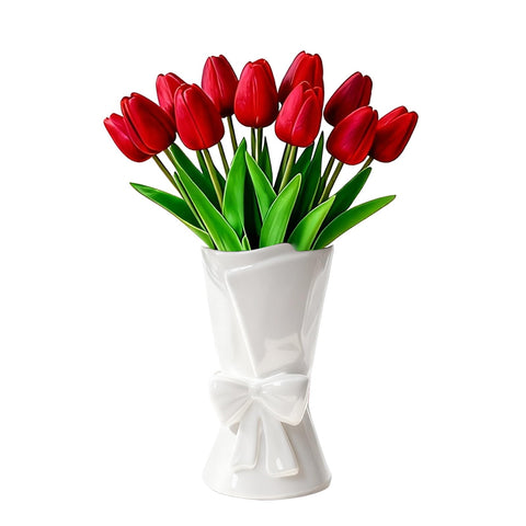 Relexome bow vase fully glazed white on display for eye-catching centerpieces