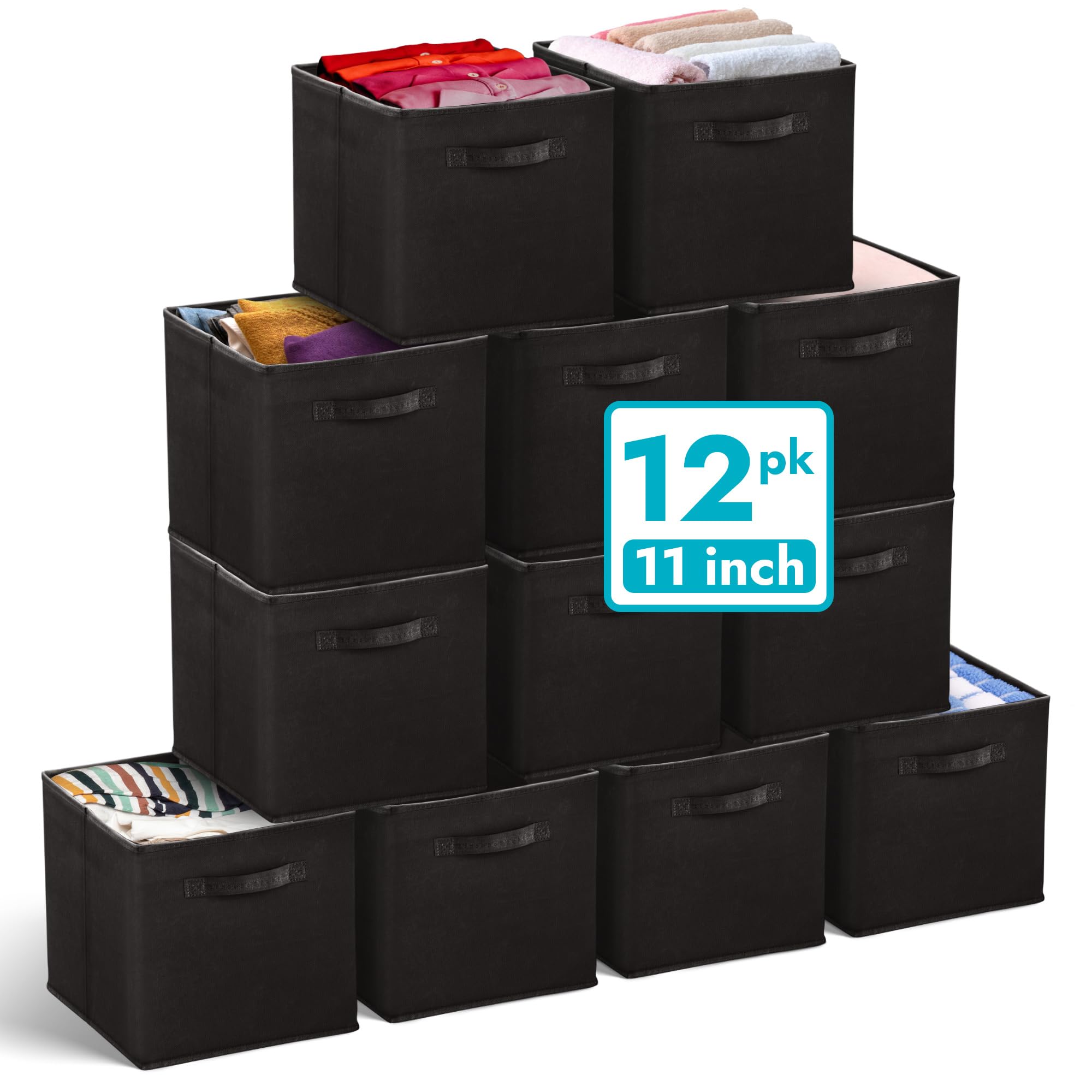 Reli 11-inch cube storage bin on a shelf keeps clothes neatly organized.
