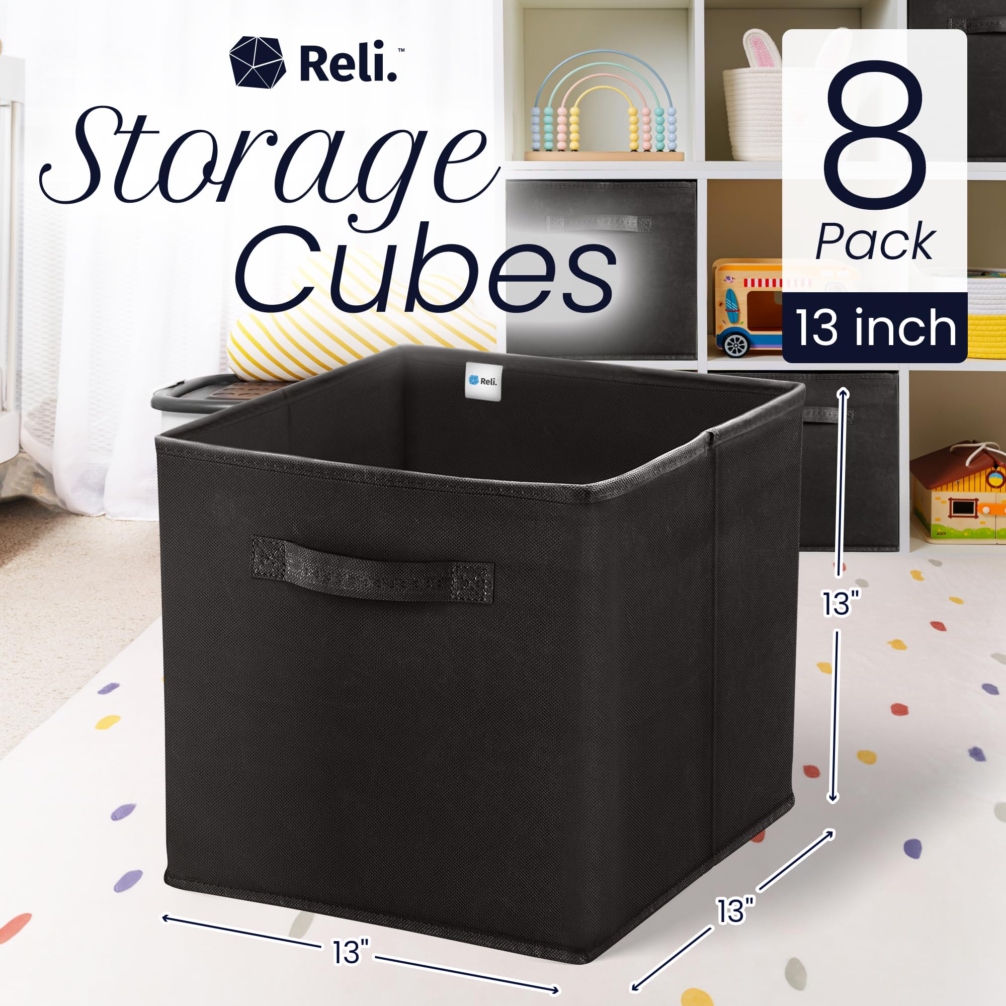 Reli black collapsible fabric cube bin ideal for quick organization.