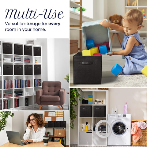 Reli black storage bin for kids' rooms blending with shelves.