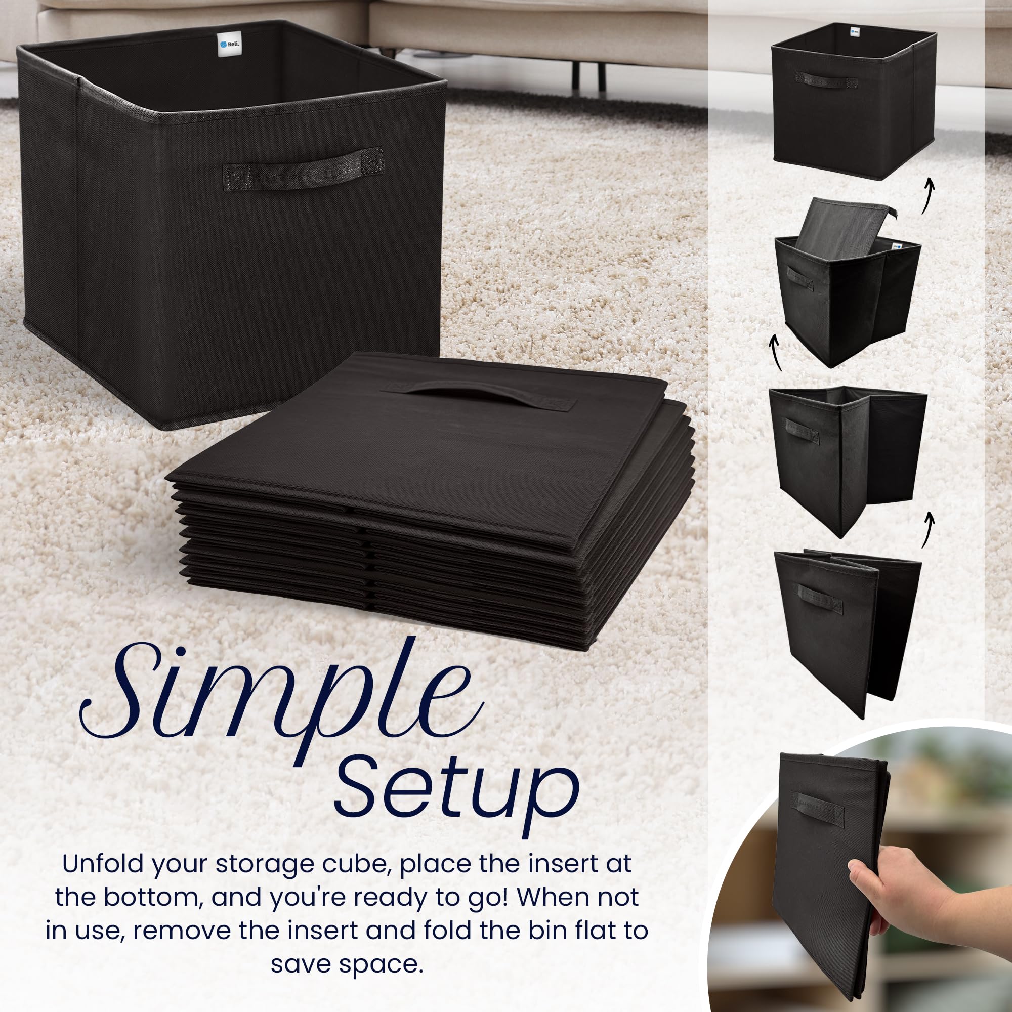 Reli large fabric storage bin fits Kallax cubes, optimizing space.