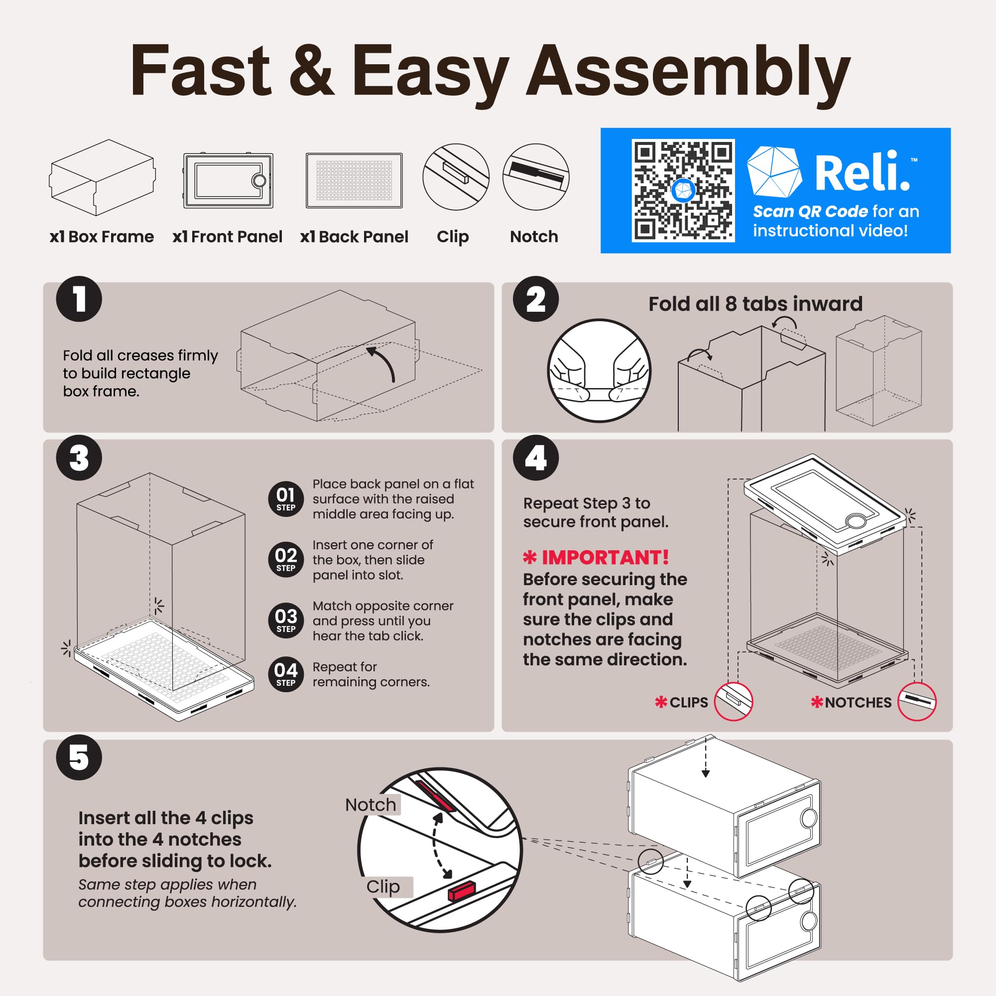 Reli swing-door shoe boxes 14-pack simplify access with a sturdy, easy-to-use lid.