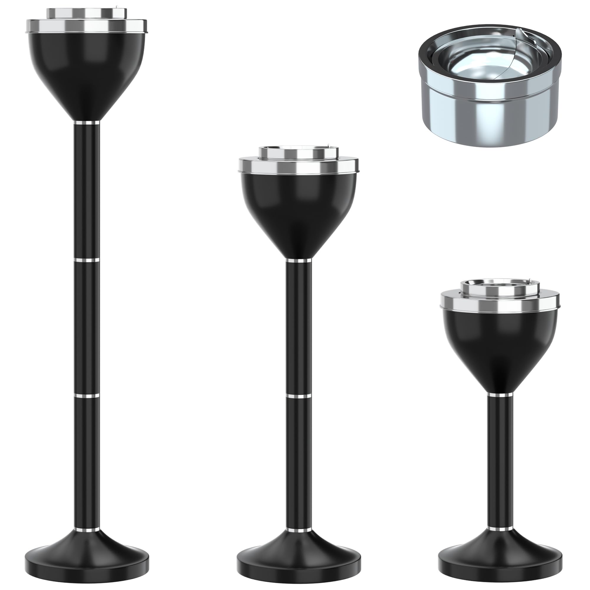 RELIANCER floor ashtray with lid front view, chrome finish ideal for outdoor spaces