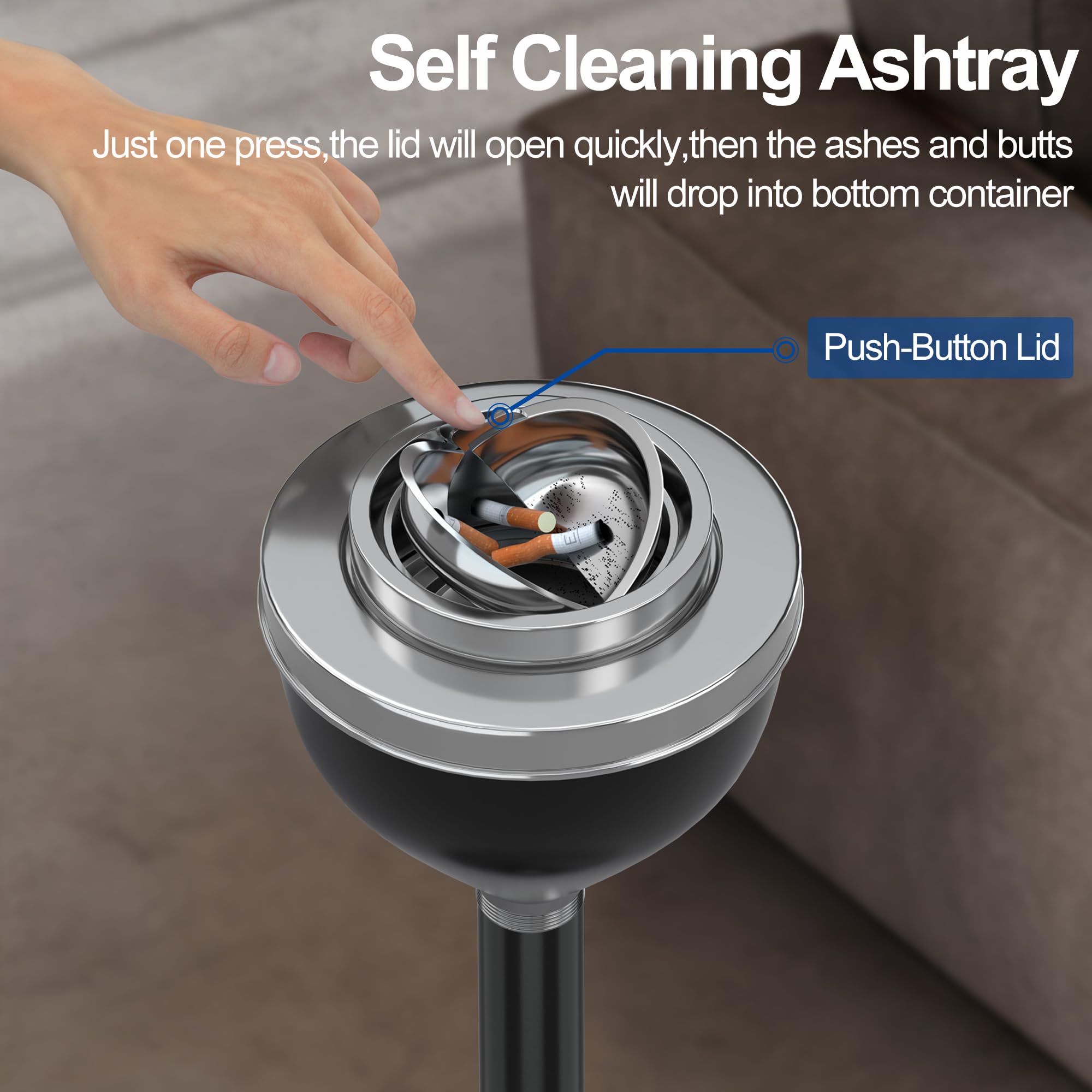 RELIANCER self-cleaning lid action showing quick ash disposal and odor containment