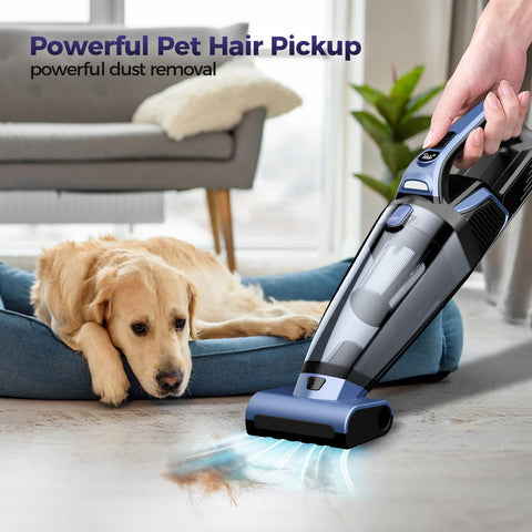 RELIDOL pet vacuum with motorized brush removes stubborn hair from cushions.