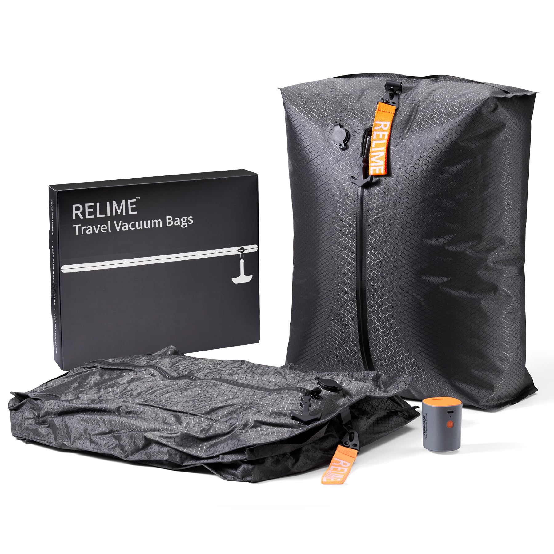 Relime Classic vacuum bags with wireless pump, durable carry-on packing solution.
