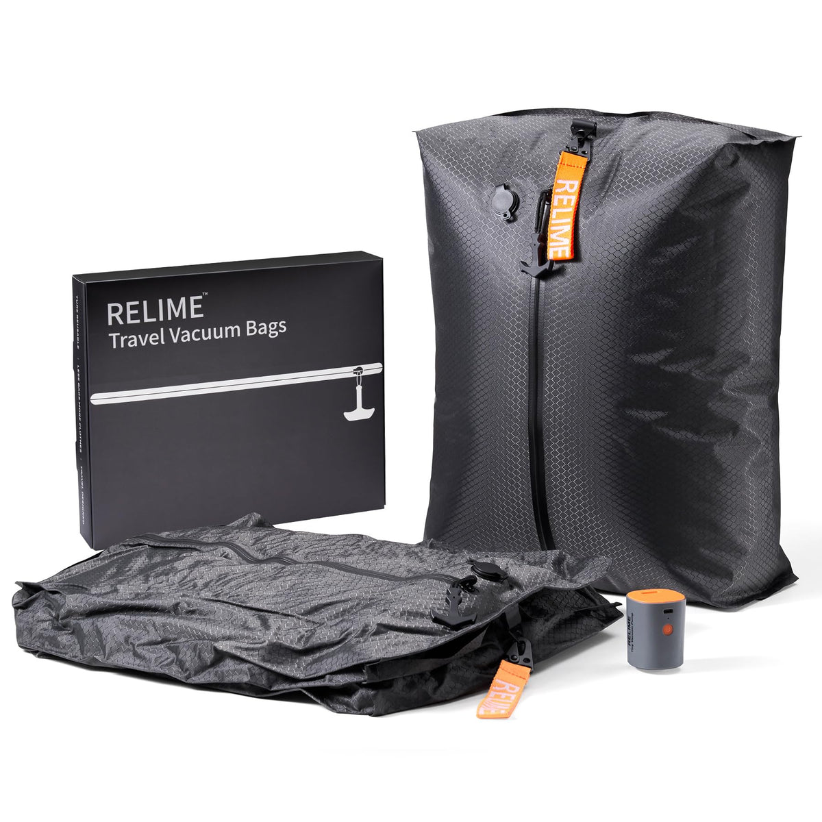 Relime Classic vacuum bags with wireless pump, durable carry-on packing solution.