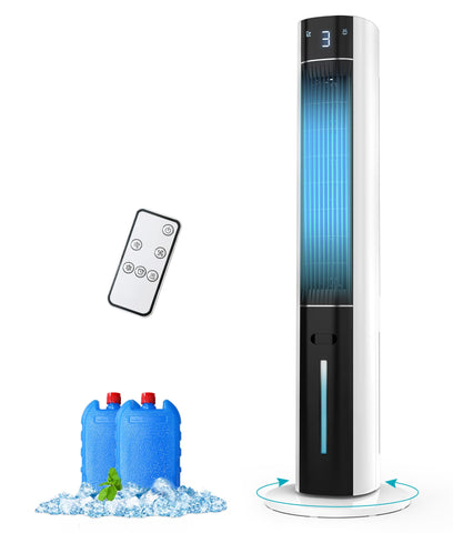 Rellytech evaporative air cooler front view with bladeless safety and compact size.