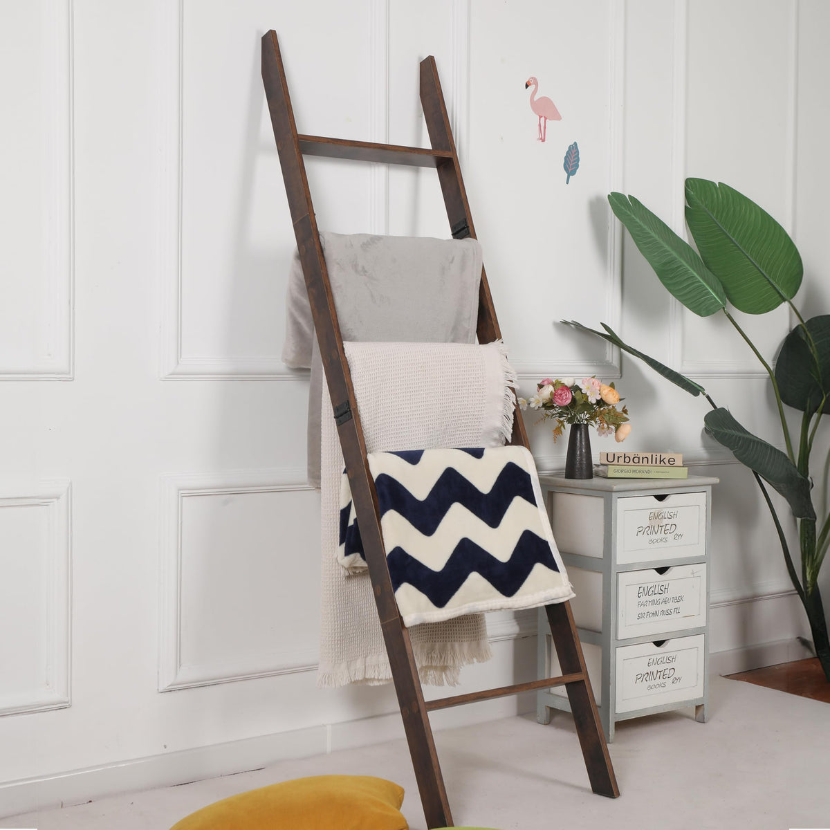 RELODECOR Blanket Ladder rustic hickory, wall-leaning for cozy blanket organization.