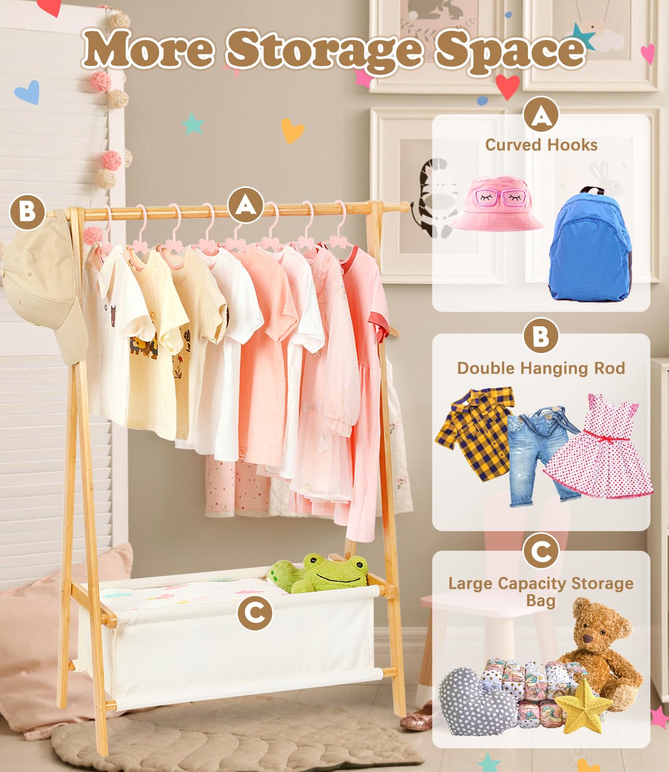 Relquorax bamboo rack with canvas storage bag and hooks for organized kids wardrobe