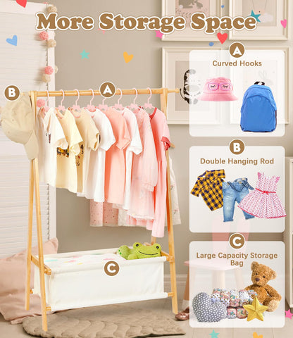 Relquorax bamboo rack with canvas storage bag and hooks for organized kids wardrobe