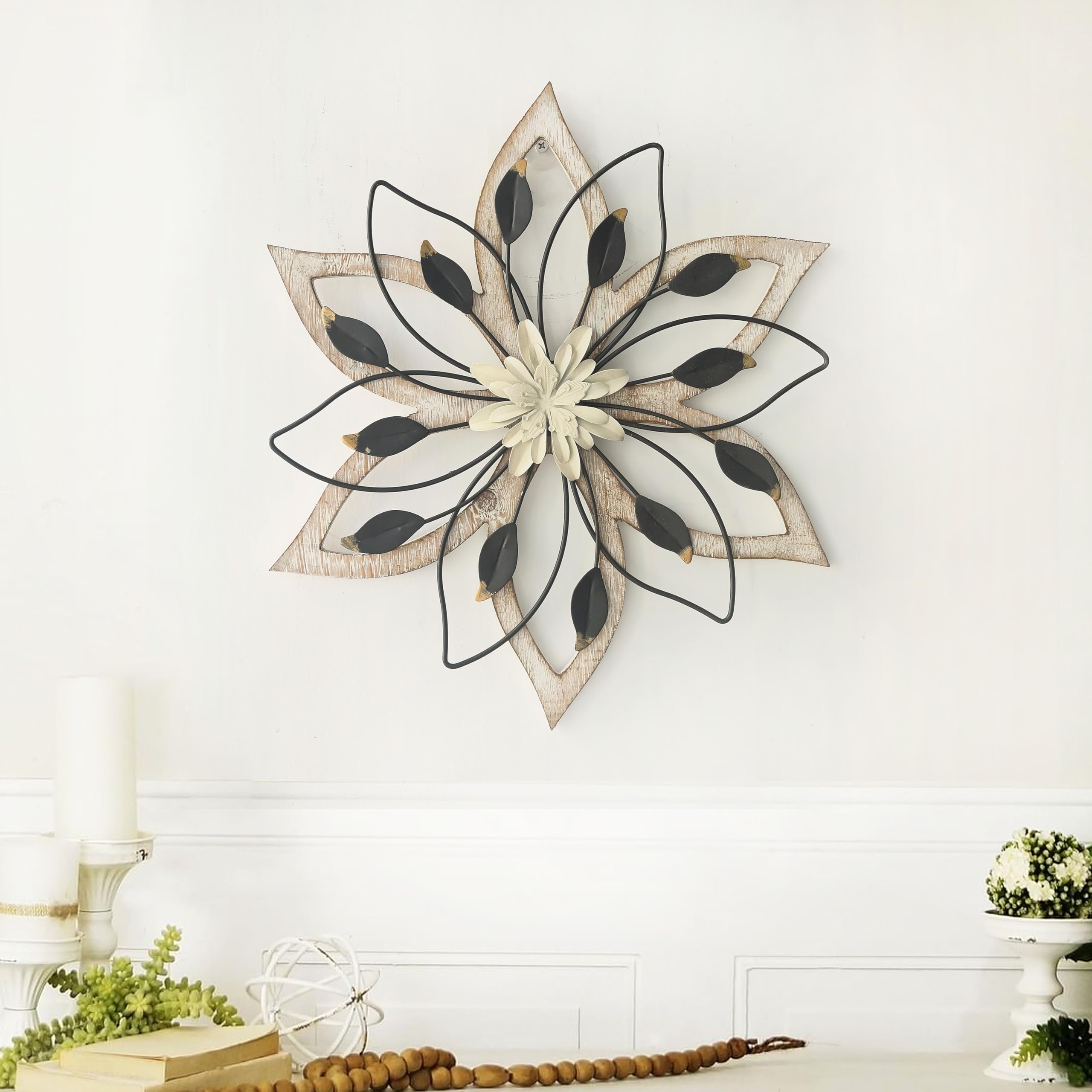 Remenna metal flower wall art features distressed petals for farmhouse charm.